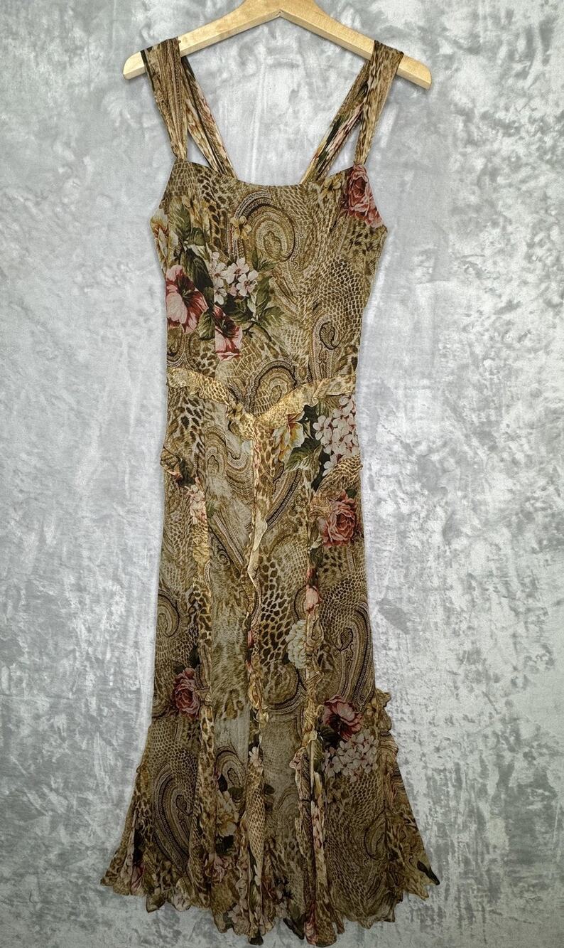 Teri Jon Dress Womens 6 Brown Silk Chiffon Maxi Ruffle Hem Animal Floral Vintage